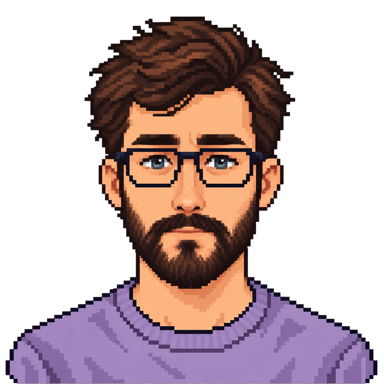 Pixel portrait of Jordan with dark brown hair, a beard, and glasses